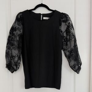 Black Top with Sheer Floral Puff Sleeves